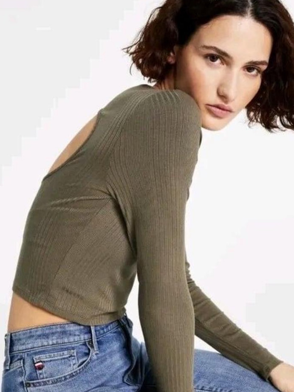 TOMMY JEANS NWT S Ribbed Long Sleeve OPEN BACK Crop TEE Top